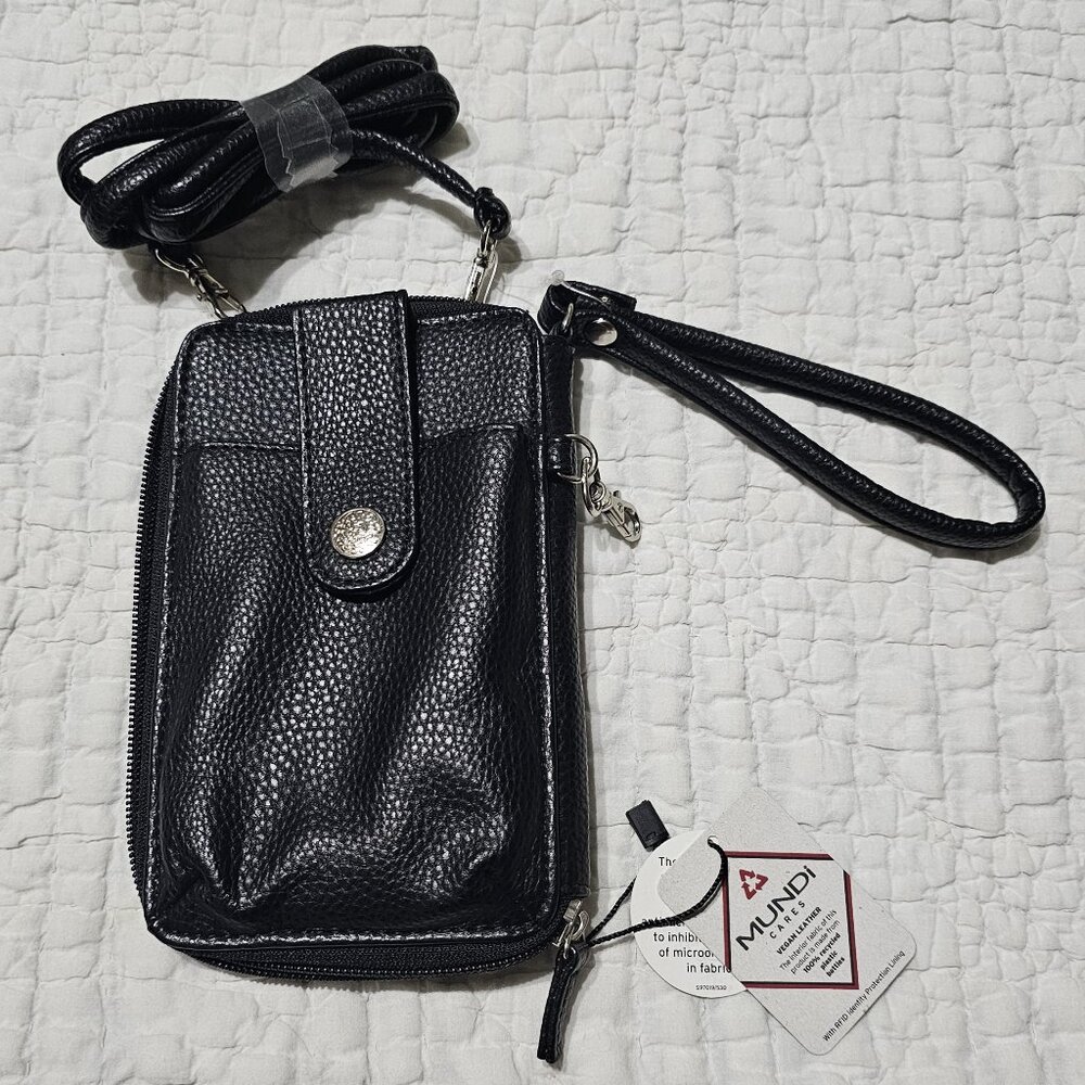 NWT - Mundi Cares - RDIF Lined Black Vegan Leather - Wallet Wristlet Crossbody